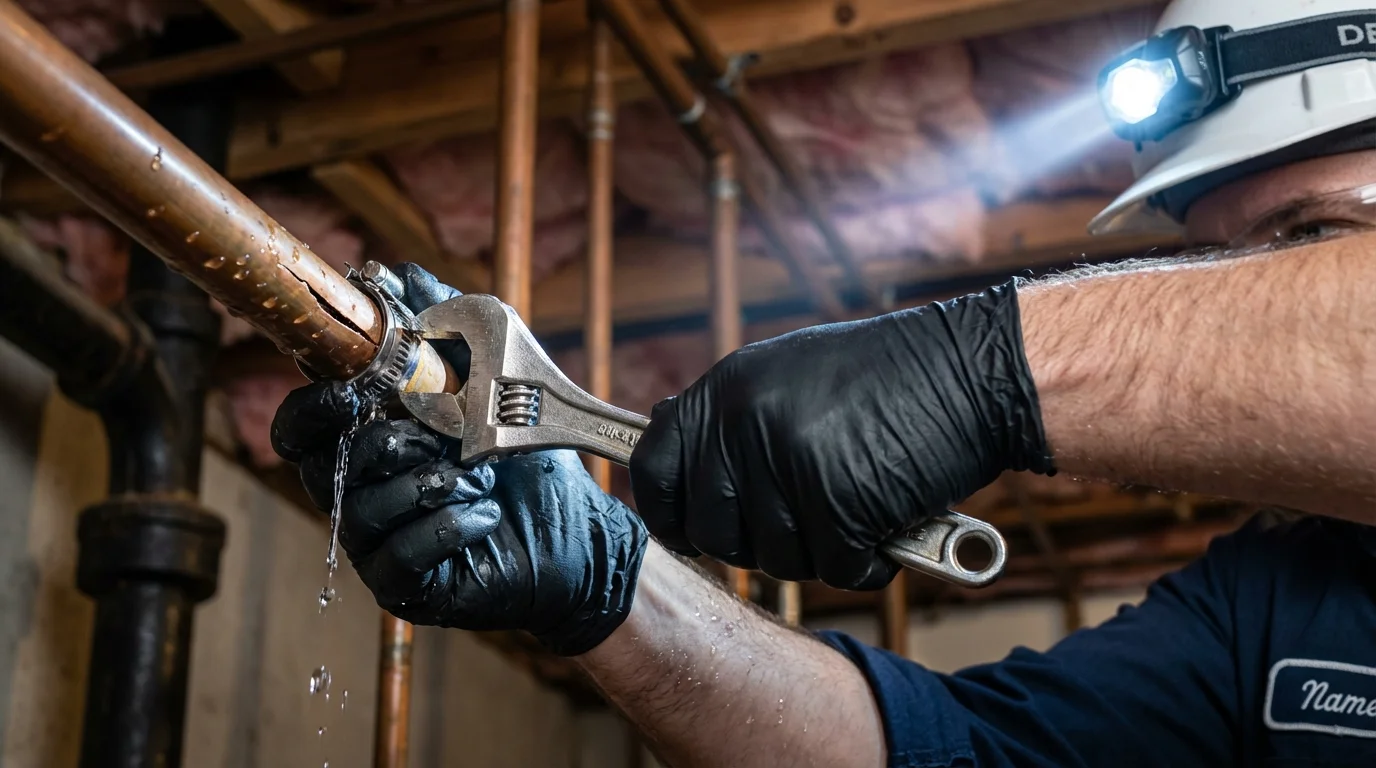 Emergency pipe clamp repair being performed by a Johns Plumbing LLC plumber in Mayfield